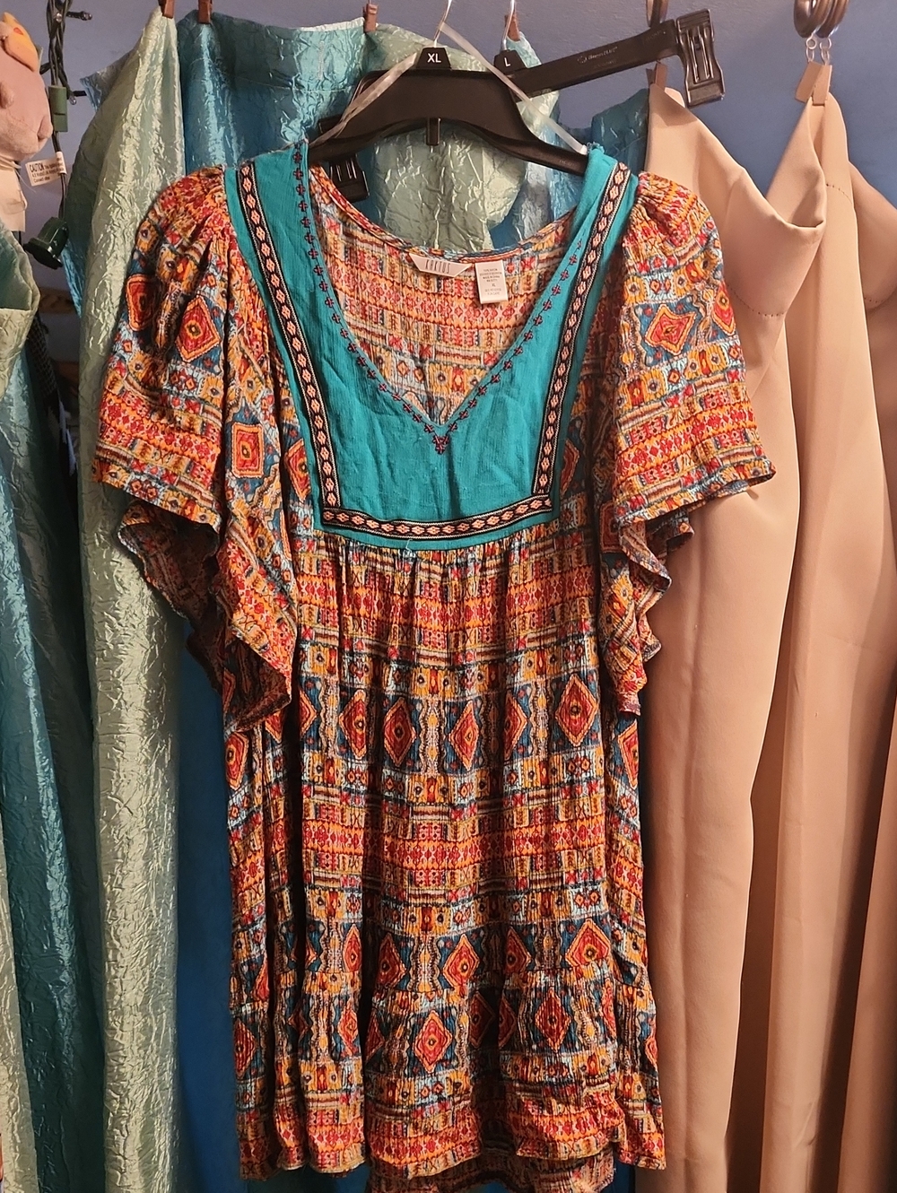 Kaktus Turquoise Yoke Multi-Color Printed Mini Dress